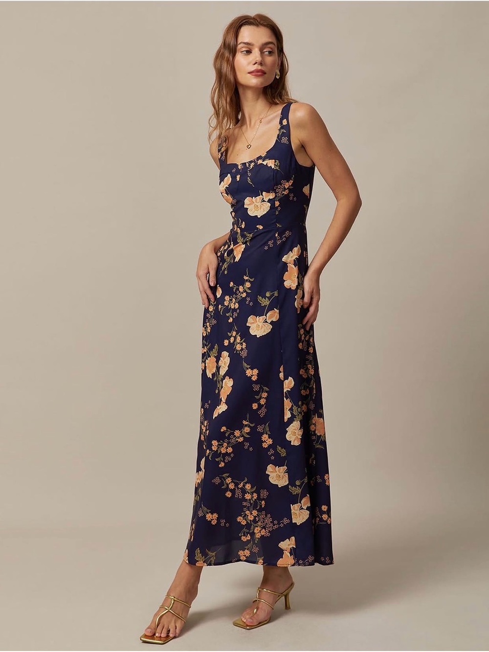 RIHOAS Navy Maxi Dress with Peach Floral Print